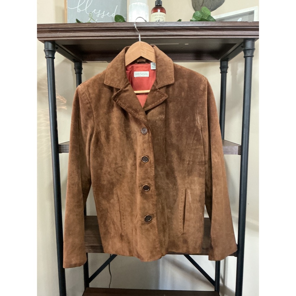 Ann Taylor Brown Suede Leather Jacket Button Front Blazer Small Made in USA